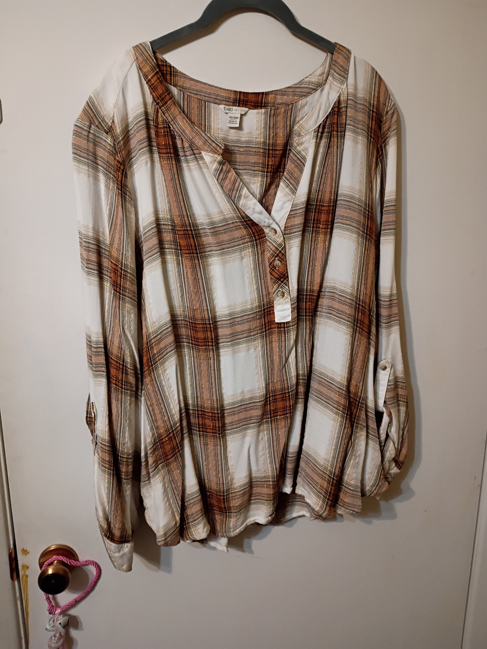 Cato Chestnut and Cream Plaid Henley Tunic